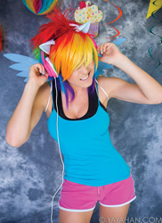 Size: 620x850 | Tagged: safe, artist:jessica nigri, imported from derpibooru, rainbow dash, human, 2015, clothes, cosplay, costume, headphones, irl, irl human, photo, shorts, sleeveless, tanktop