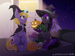 Size: 1600x1200 | Tagged: safe, artist:willoillo, imported from derpibooru, oc, oc only, oc:candlelight sonata, oc:willowisp, pony, unicorn, female, halloween, heterochromia, holiday, jack-o-lantern, mare, pumpkin, witch