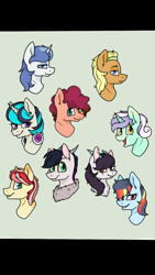 Size: 720x1280 | Tagged: safe, artist:lisaartista365, imported from derpibooru, oc, oc only, oc:blaze, oc:candy harp, oc:cheesecake, oc:cotton, oc:fang, oc:flowercore, earth pony, hybrid, pegasus, pony, unicorn, bust, female, interspecies offspring, magical lesbian spawn, male, mare, next generation, offspring, parent:big macintosh, parent:bon bon, parent:discord, parent:fluttershy, parent:lyra heartstrings, parent:princess celestia, parents:dislestia, parents:fluttermac, parents:lyrabon, rule 63, stallion