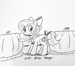 Size: 1280x1131 | Tagged: safe, artist:debmervin, imported from derpibooru, oc, oc:pumpkin spice, earth pony, pony, bow, female, mare, monochrome, pumpkin, tail, tail bow