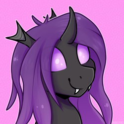 Size: 2894x2894 | Tagged: safe, artist:jellysketch, imported from derpibooru, oc, oc only, oc:violet rose, changeling, nymph, bust, changeling oc, commission, female, filly, happy, high res, pink background, portrait, purple, purple changeling, purple eyes, purple mane, simple background, smiling, young