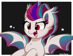 Size: 5504x4281 | Tagged: safe, artist:kittyrosie, imported from derpibooru, zipp storm, bat pony, pony, absurd resolution, bat ponified, chest fluff, fangs, g5, my little pony: a new generation, open mouth, open smile, race swap, red eyes, smiling, solo