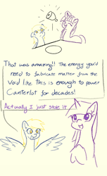 Size: 2238x3674 | Tagged: safe, artist:manicpanda, imported from derpibooru, derpy hooves, twilight sparkle, pegasus, pony, unicorn, comic, crime, dialogue, high res, implied ponies eating meat, magic, magic abuse, no pupils, open mouth, speech bubble, spread wings, stealing, talking, underp, unicorn twilight, wings