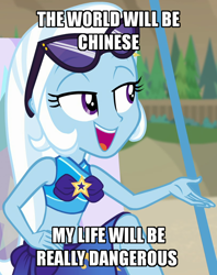 Size: 808x1018 | Tagged: safe, edit, edited screencap, imported from derpibooru, screencap, trixie, human, equestria girls, equestria girls series, forgotten friendship, bikini, caption, clothes, female, image macro, midriff, open mouth, sarong, solo, sunglasses, swimsuit, text