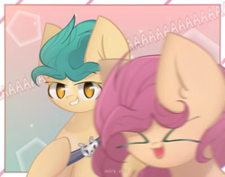 Size: 1660x1300 | Tagged: safe, artist:miryelis, imported from derpibooru, hitch trailblazer, sunny starscout, earth pony, pony, spoiler:my little pony: a new generation, :3, >.<, ><, aaaaaaaaaa, duo, duo male and female, eyes closed, female, g5, gradient background, grin, looking at you, male, mare, my little pony: a new generation, no pupils, open mouth, open smile, photobomb, sheriff's badge, smiling, smirk, smug, sparkles, stallion, text, xd