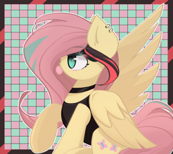 Size: 1960x1750 | Tagged: safe, artist:miryelis, imported from derpibooru, fluttershy, pegasus, pony, alternate hairstyle, bubblegum, choker, clothes, ear piercing, earring, food, gum, jewelry, piercing, solo, tomboy