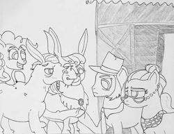 Size: 960x740 | Tagged: safe, artist:gojira1604shinomura, imported from derpibooru, cloudy quartz, cranky doodle donkey, igneous rock pie, matilda, pinkie pie, donkey, earth pony, pony, female, male, mare, monochrome, pencil drawing, stallion, traditional art