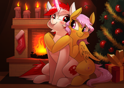 Size: 3508x2480 | Tagged: safe, artist:underpable, imported from derpibooru, oc, oc only, oc:ruby heartstrings (rhstrings), pegasus, pony, unicorn, :p, blushing, candle, christmas, christmas stocking, christmas tree, commission, female, fire, fireplace, high res, holiday, holly, holly mistaken for mistletoe, hug, lesbian, looking at each other, magic, oc x oc, ornament, present, shipping, sitting, smiling, smiling at each other, telekinesis, tongue out, tree