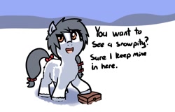 Size: 846x540 | Tagged: safe, artist:neuro, imported from derpibooru, oc, oc only, earth pony, pony, bow, coat markings, female, filly, fluffy, looking up, snow, snowpity, solo, suitcase, tail, tail bow, talking to viewer, yakutian horse