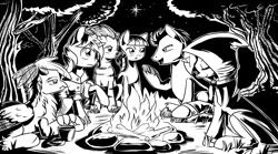 Size: 4256x2364 | Tagged: safe, artist:lexx2dot0, imported from derpibooru, oc, oc only, oc:blackjack, pony, unicorn, fallout equestria, fallout equestria: project horizons, series:ph together we reread, black and white, campfire, clothes, fanfic art, female, fire, grayscale, horn, jumpsuit, male, mare, monochrome, pipbuck, random pony, skyscraper, small horn, solo, stallion, tree, vault security armor, vault suit