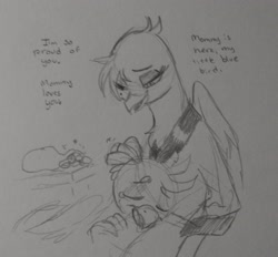 Size: 2048x1904 | Tagged: safe, artist:pony quarantine, imported from derpibooru, gallus, oc, oc:whore birb, griffon, bag, bits, coin, dialogue, eyes closed, female, grayscale, griffon oc, male, mommy kink, money, monochrome, petting, prostitution, teary eyes, traditional art