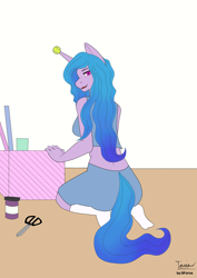 Size: 3307x4677 | Tagged: safe, artist:sforcetheartist, imported from derpibooru, izzy moonbow, anthro, plantigrade anthro, unicorn, spoiler:my little pony: a new generation, ball, clothes, g5, izzy's tennis ball, midriff, my little pony: a new generation, scissors, shorts, socks, stocking feet, tanktop, tennis ball