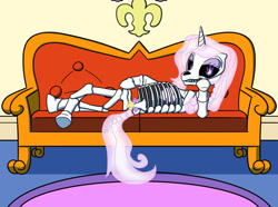 Size: 1024x763 | Tagged: safe, artist:sergeant16bit, imported from derpibooru, fleur-de-lis, skeleton pony, unicorn, bedroom eyes, bone, couch, draw me like one of your french girls, ectoplasm, fiery eyes, fire, heart, lying down, skeleton, transformation