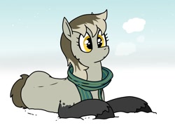 Size: 1600x1200 | Tagged: safe, artist:pony quarantine, imported from derpibooru, oc, oc only, earth pony, pony, breath, clothes, coat markings, female, lying down, mare, oc name needed, prone, scarf, snow, snow mare, snowpony (species), socks (coat markings), solo, taiga pony, yakutian horse