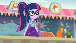 Size: 3410x1920 | Tagged: safe, imported from derpibooru, screencap, golden hazel, sandalwood, sci-twi, twilight sparkle, equestria girls, equestria girls series, rollercoaster of friendship, bowtie, clothes, cutie mark, cutie mark on clothes, female, geode of telekinesis, glasses, high res, jewelry, magical geodes, male, necklace, ponytail, smiling, solo focus