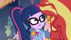 Size: 3410x1920 | Tagged: safe, imported from derpibooru, screencap, sci-twi, sunset shimmer, twilight sparkle, equestria girls, equestria girls series, rollercoaster of friendship, bowtie, clothes, cutie mark, cutie mark on clothes, female, geode of telekinesis, glasses, high res, jewelry, magical geodes, necklace, open mouth, ponytail