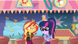Size: 3410x1920 | Tagged: safe, imported from derpibooru, screencap, sci-twi, sunset shimmer, twilight sparkle, equestria girls, equestria girls series, rollercoaster of friendship, bowtie, clothes, cutie mark, cutie mark on clothes, duo, duo female, female, geode of empathy, geode of telekinesis, glasses, high res, jacket, jewelry, leather, leather jacket, magical geodes, necklace, ponytail, smiling