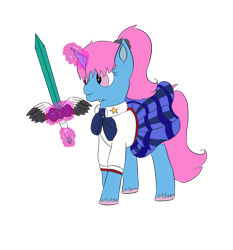 Size: 1280x1372 | Tagged: safe, artist:schumette14, imported from derpibooru, oc, oc only, oc:jonas, oc:serena, pony, unicorn, boyfriend dungeon, clothes, crossover, simple background, solo, transparent background, uniform, weapon