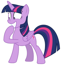 Size: 1756x1878 | Tagged: safe, artist:sketchmcreations, imported from derpibooru, twilight sparkle, alicorn, pony, sparkle's seven, excited, female, folded wings, full body, grin, hoof over mouth, horn, mare, multicolored mane, multicolored tail, raised hoof, shrunken pupils, simple background, smiling, solo, standing, tail, transparent background, twilight sparkle (alicorn), vector, wings