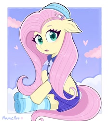 Size: 1440x1594 | Tagged: safe, artist:namieart, imported from derpibooru, fluttershy, pegasus, pony, :o, clothes, cute, female, hat, looking at you, mare, open mouth, shyabetes, socks, solo, striped socks