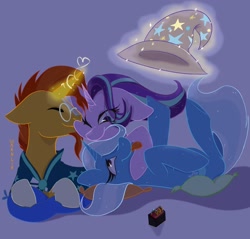 Size: 2048x1955 | Tagged: safe, artist:waanlix, imported from derpibooru, starlight glimmer, sunburst, trixie, pony, unicorn, bisexual, cloak, clothes, cuddling, eyes closed, female, floppy ears, glasses, hat, heart, jewelry, lesbian, lying down, magic, male, on back, pillow, polyamory, ring, ring box, shipping, smiling, squishy cheeks, starburst, startrix, startrixburst, straight, sunburst's cloak, sunburst's glasses, telekinesis, tongue out, trixburst, trixie's hat