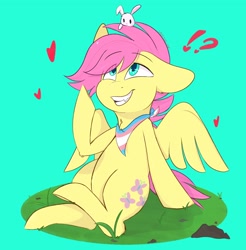 Size: 2018x2048 | Tagged: safe, artist:waanlix, imported from derpibooru, angel bunny, fluttershy, pegasus, pony, alternate hairstyle, exclamation point, fangs, floppy ears, gender headcanon, high res, interrobang, kerchief, male, pride, pride flag, question mark, smiling, trans male, transgender, transgender pride flag