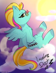 Size: 1429x1831 | Tagged: safe, artist:waanlix, imported from derpibooru, lightning dust, pegasus, pony, alternate mane color, chest fluff, cloud, ear piercing, eyebrow piercing, female, industrial piercing, mare, on a cloud, piercing, sitting, sitting on a cloud, solo, spiked wristband, sun, sunglasses, wristband