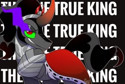 Size: 1200x805 | Tagged: safe, artist:wutanimations, imported from derpibooru, king sombra, pony, unicorn, armor, cape, clothes, eye mist, male, obscured text, raised hoof, solo, stallion