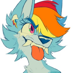 Size: 2000x2000 | Tagged: safe, artist:wutanimations, imported from derpibooru, part of a set, rainbow dash, wolf, alternative cutie mark placement, bust, cheek fluff, chest fluff, ear fluff, fangs, fluffy, high res, simple background, solo, species swap, tongue out, white background, wolf dash, wolfified