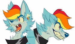 Size: 3644x2160 | Tagged: safe, artist:wutanimations, imported from derpibooru, part of a set, rainbow dash, wolf, alternative cutie mark placement, bust, cheek fluff, chest fluff, collar, ear fluff, fangs, fluffy, high res, open mouth, profile, simple background, solo, species swap, three quarter view, white background, wolf dash, wolfified