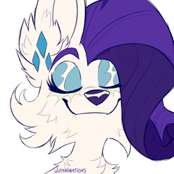 Size: 2000x2000 | Tagged: safe, artist:wutanimations, imported from derpibooru, part of a set, rarity, pony, wolf, alternative cutie mark placement, bust, cheek fluff, chest fluff, ear fluff, eyes closed, eyeshadow, fluffy, high res, makeup, simple background, smiling, solo, species swap, white background, wolfified, wolfity