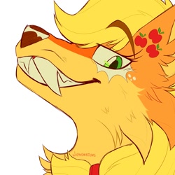 Size: 2000x2000 | Tagged: safe, artist:wutanimations, imported from derpibooru, part of a set, applejack, wolf, alternative cutie mark placement, bust, cheek fluff, chest fluff, ear fluff, fangs, fluffy, grin, high res, profile, simple background, smiling, solo, species swap, toothy grin, white background, wolfified, wolfjack