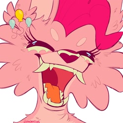 Size: 2000x2000 | Tagged: safe, artist:wutanimations, imported from derpibooru, part of a set, pinkie pie, wolf, alternative cutie mark placement, beanbrows, bust, cheek fluff, chest fluff, ear fluff, eyebrows, eyes closed, fangs, fluffy, high res, open mouth, open smile, pinkie wolf, simple background, smiling, solo, species swap, white background, wolfified