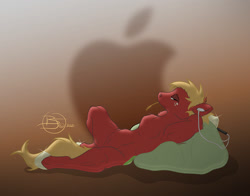 Size: 1200x943 | Tagged: safe, artist:sherwood, imported from derpibooru, big macintosh, earth pony, semi-anthro, apple (company), arm behind head, lidded eyes, lying down, male, music player, on back, solo, stallion, straw in mouth