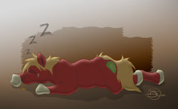 Size: 1200x733 | Tagged: safe, artist:sherwood, imported from derpibooru, big macintosh, earth pony, semi-anthro, eyes closed, lying down, male, onomatopoeia, prone, sleeping, solo, sound effects, stallion, zzz