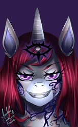 Size: 1961x3199 | Tagged: safe, artist:sakurafaith, imported from derpibooru, oc, oc only, oc:selune darkeye, anthro, unicorn, anthro oc, body markings, commission, corrupted, cracks, cutie mark, evil, evil grin, grin, headshot commission, mealy mouth (coat marking), scared, smiling, solo, story included