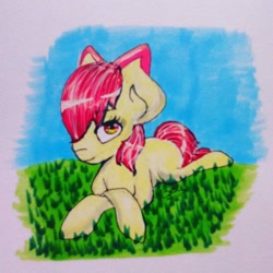 Size: 1024x1024 | Tagged: safe, artist:alwayspony, imported from derpibooru, apple bloom, earth pony, pony, female, filly, grass, hair over one eye, solo, traditional art