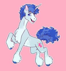 Size: 1200x1300 | Tagged: safe, artist:eeelt, imported from derpibooru, party favor, pony, unicorn, chest fluff, horn, male, open mouth, open smile, pink background, simple background, smiling, solo, stallion, unshorn fetlocks