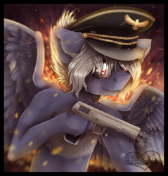 Size: 3150x3295 | Tagged: safe, artist:lenapetrushka, imported from derpibooru, oc, oc only, pegasus, semi-anthro, bust, chest fluff, gun, handgun, hat, high res, hoof hold, peaked cap, pegasus oc, pistol, smiling, solo, tt-33, weapon, wings