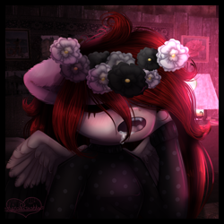 Size: 1050x1050 | Tagged: safe, artist:lenapetrushka, imported from derpibooru, oc, oc only, anthro, pegasus, bust, clothes, drool, eyelashes, eyes closed, female, floral head wreath, flower, indoors, lamp, pegasus oc, sleeping, solo