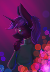 Size: 1640x2360 | Tagged: safe, artist:stirren, imported from derpibooru, oc, oc only, oc:cinder spark, anthro, unicorn, abstract background, female, glasses, looking at you, smug, solo, wetsuit