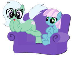 Size: 2676x2241 | Tagged: safe, artist:telasra, imported from derpibooru, oc, oc only, earth pony, pony, couch, duo, earth pony oc, eyelashes, glasses, high res, simple background, sitting, smiling, transparent background