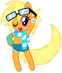 Size: 1993x2348 | Tagged: safe, artist:telasra, imported from derpibooru, oc, oc only, earth pony, semi-anthro, arm hooves, clothes, earth pony oc, glasses, one eye closed, scarf, shorts, simple background, smiling, solo, transparent background, wink