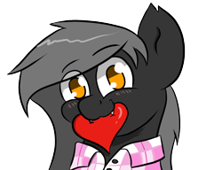 Size: 1100x845 | Tagged: safe, alternate version, artist:tranzmuteproductions, imported from derpibooru, oc, oc only, oc:tranzmute, bat pony, pony, bat pony oc, blushing, bust, clothes, heart, male, mouth hold, simple background, smiling, stallion, transparent background