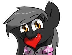 Size: 1100x845 | Tagged: safe, alternate version, artist:tranzmuteproductions, imported from derpibooru, oc, oc only, oc:tranzmute, bat pony, pony, bat pony oc, bust, clothes, heart, male, mouth hold, simple background, smiling, stallion, transparent background