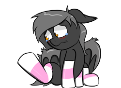 Size: 1100x800 | Tagged: safe, alternate version, artist:tranzmuteproductions, imported from derpibooru, oc, oc only, oc:tranzmute, bat pony, pony, bat pony oc, blushing, clothes, crying, heart, male, simple background, sitting, socks, solo, stallion, striped socks, teary eyes, transparent background