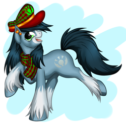 Size: 750x750 | Tagged: safe, artist:dedonnerwolke, imported from derpibooru, oc, oc only, oc:mad munchkin, earth pony, pony, abstract background, clothes, ear piercing, earring, female, hat, jewelry, mare, piercing, scarf, smiling, solo, unshorn fetlocks