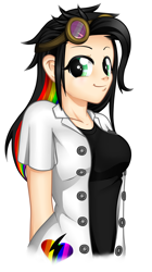 Size: 700x1250 | Tagged: safe, artist:dedonnerwolke, imported from derpibooru, oc, oc only, oc:lightning bliss, human, bust, clothes, female, goggles, humanized, multicolored hair, rainbow hair, simple background, solo, white background