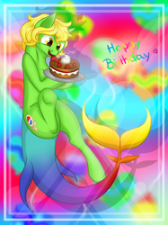 Size: 718x961 | Tagged: safe, artist:dedonnerwolke, imported from derpibooru, oc, oc only, original species, pony, shark, shark pony, abstract background, cake, food, happy birthday, smiling