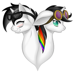 Size: 750x750 | Tagged: safe, artist:dedonnerwolke, imported from derpibooru, oc, oc only, oc:lightning bliss, alicorn, pony, alicorn oc, duo, female, goggles, grin, horn, male, mare, multicolored hair, rainbow hair, smiling, stallion, wings